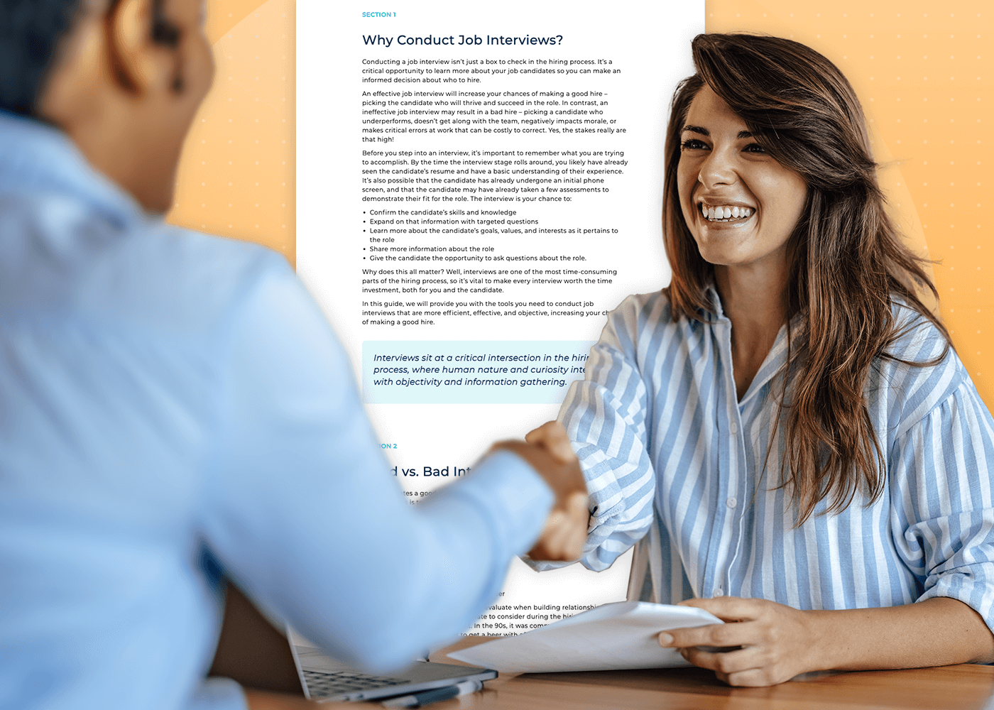 Woman interviewing a woman with information about job interviewing behind her