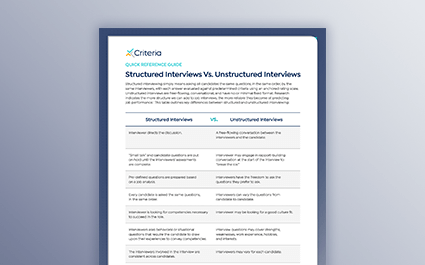 One page from the Criteria Quick Reference Guide: Table Comparing Structured Interviews Vs. Unstructured Interviews
