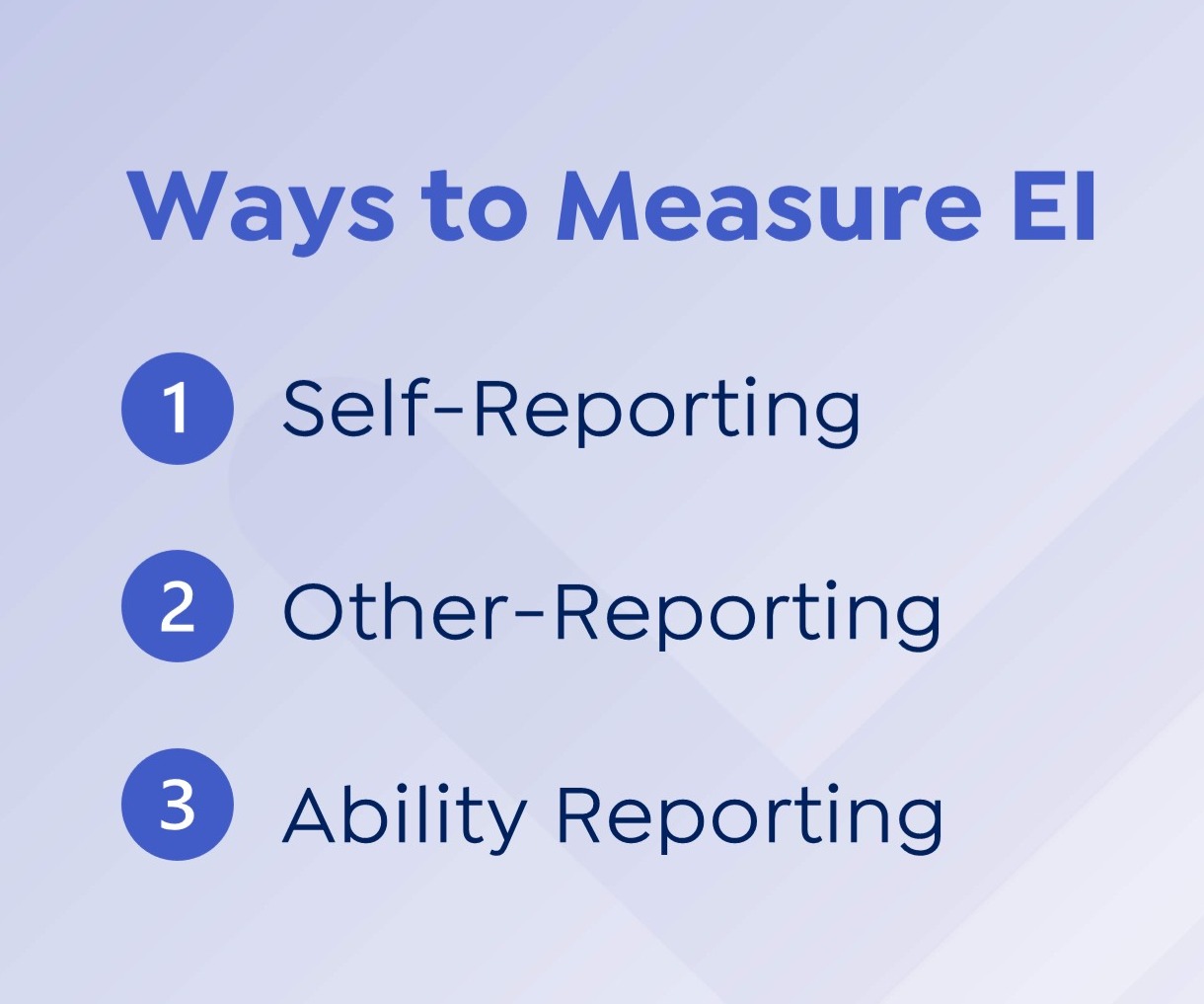 There are three accepted measurements of emotional intelligence: self-reporting other-reporting, and ability testing.