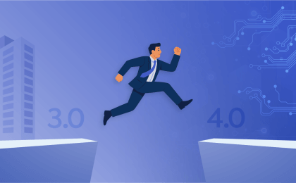 Man in a suit leaping over a gap between Work 3.0 and towards the future of Work 4.0